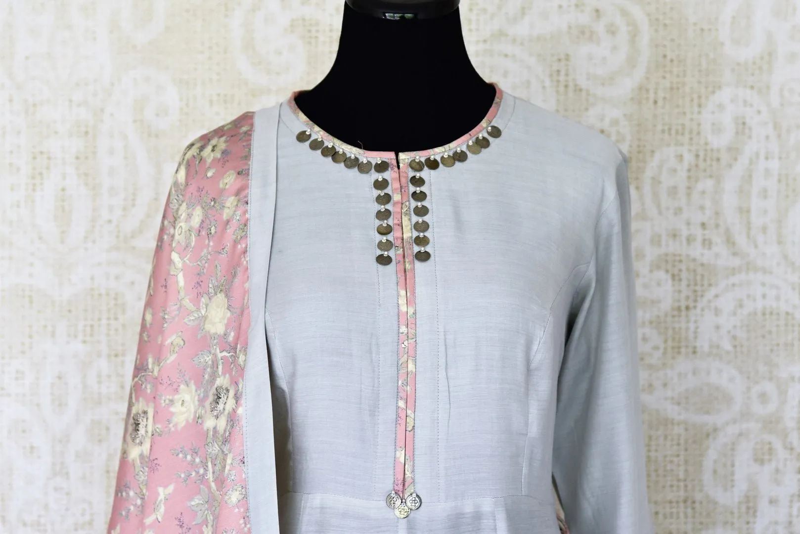 300182 Grey Silk Long Straight Kurta with Peach Floral Dupatta