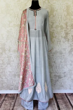 300182 Grey Silk Long Straight Kurta with Peach Floral Dupatta