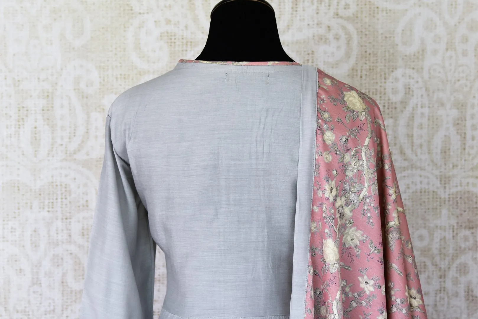 300182 Grey Silk Long Straight Kurta with Peach Floral Dupatta