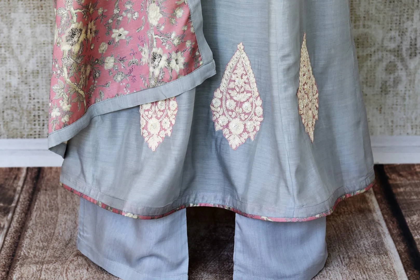 300182 Grey Silk Long Straight Kurta with Peach Floral Dupatta