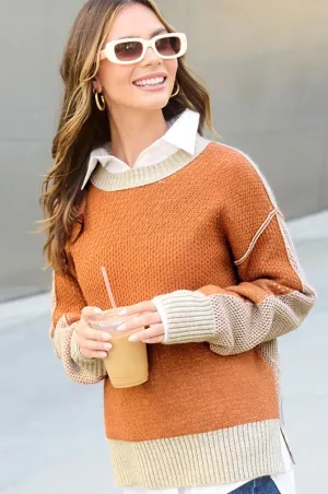 A Cut Above Ginger Color Block Slit Hem Sweater