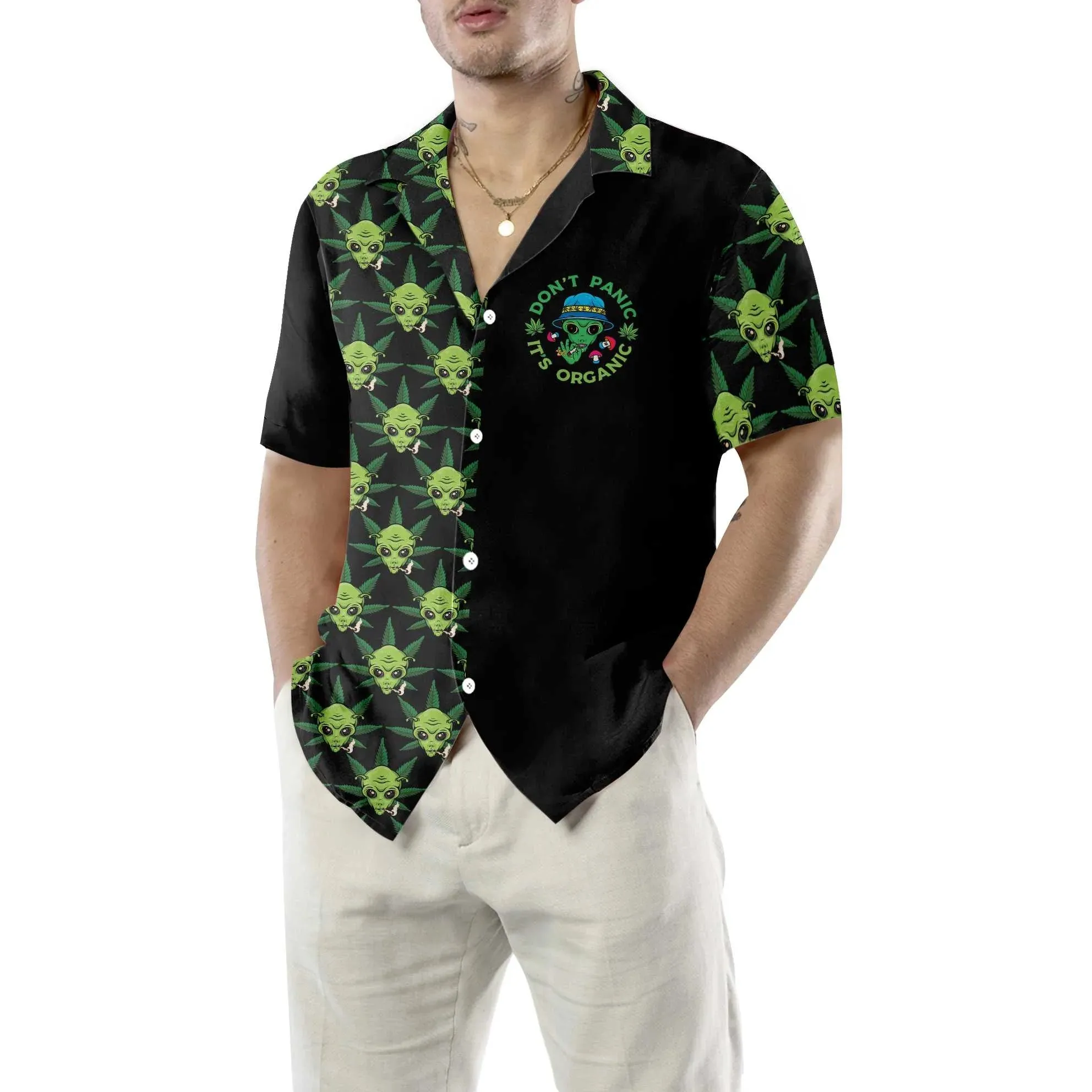 Alien Organic Marijuana Hawaiian Shirt, Don't Panic It's Organic Aloha Shirt For Men, Perfect Gift For Friends, Husband, Boyfriend, Family