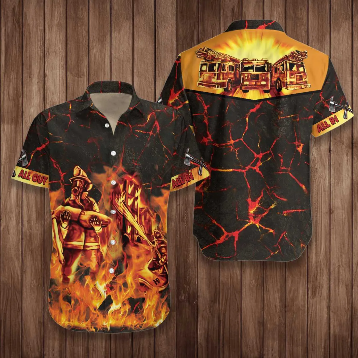 All In All Out In Fire Firefighter Hawaiian Shirt, Fire Truck On Flame Firefighter Aloha Shirt For Men, Perfect Gift For Firefighter