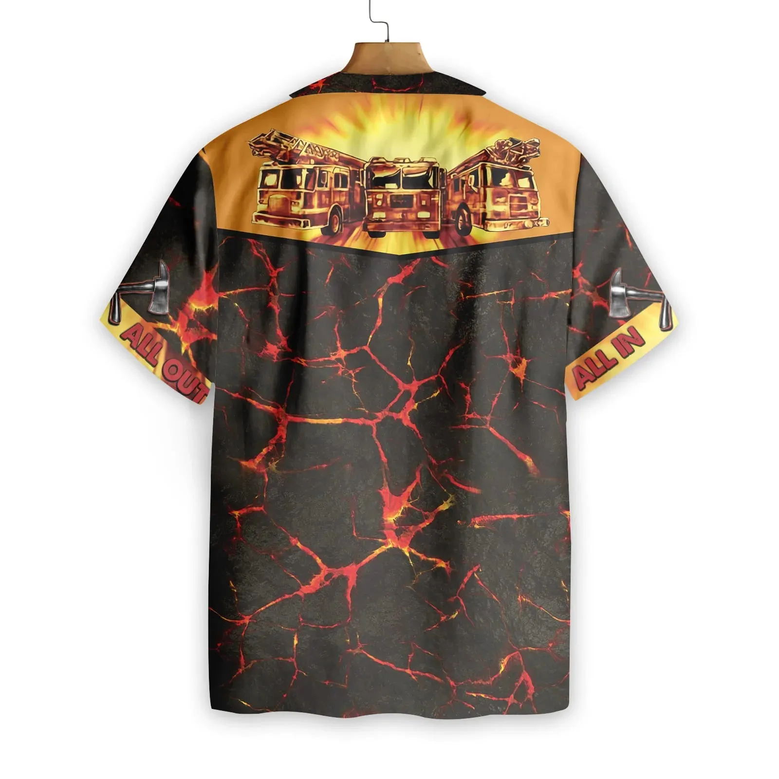 All In All Out In Fire Firefighter Hawaiian Shirt, Fire Truck On Flame Firefighter Aloha Shirt For Men, Perfect Gift For Firefighter