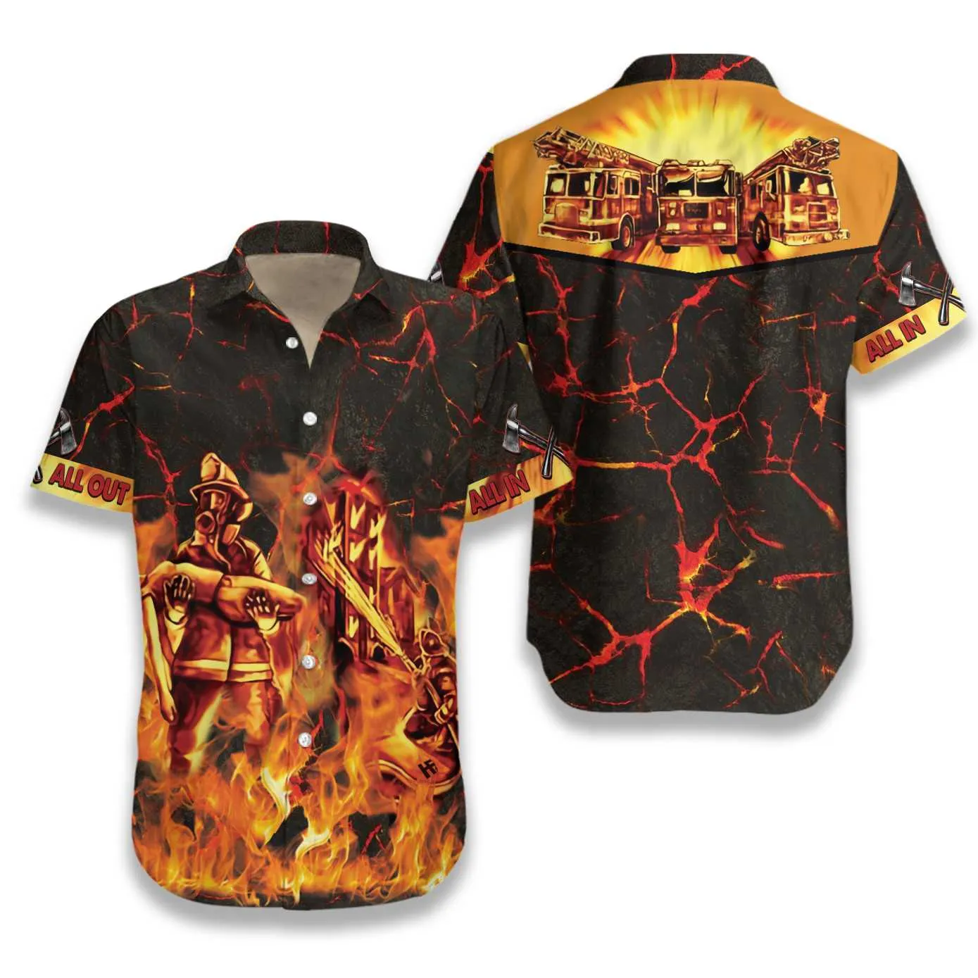 All In All Out In Fire Firefighter Hawaiian Shirt, Fire Truck On Flame Firefighter Aloha Shirt For Men, Perfect Gift For Firefighter