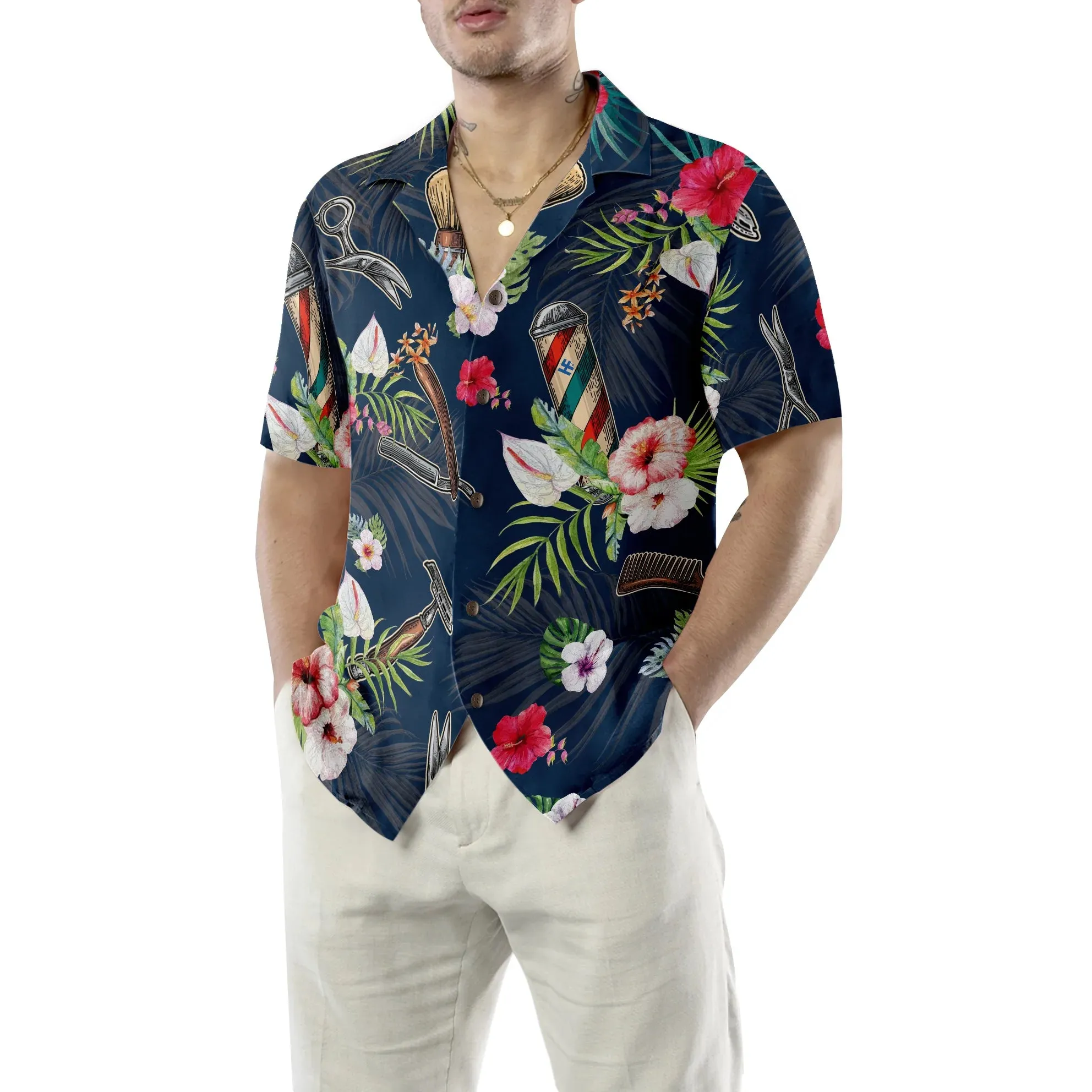 Barber Tools Tropical Pattern Hawaiian Shirt, Barber Symbol Aloha Shirt Summer For Men, Best Gift For Barber, Summer, Husband, Boyfriend