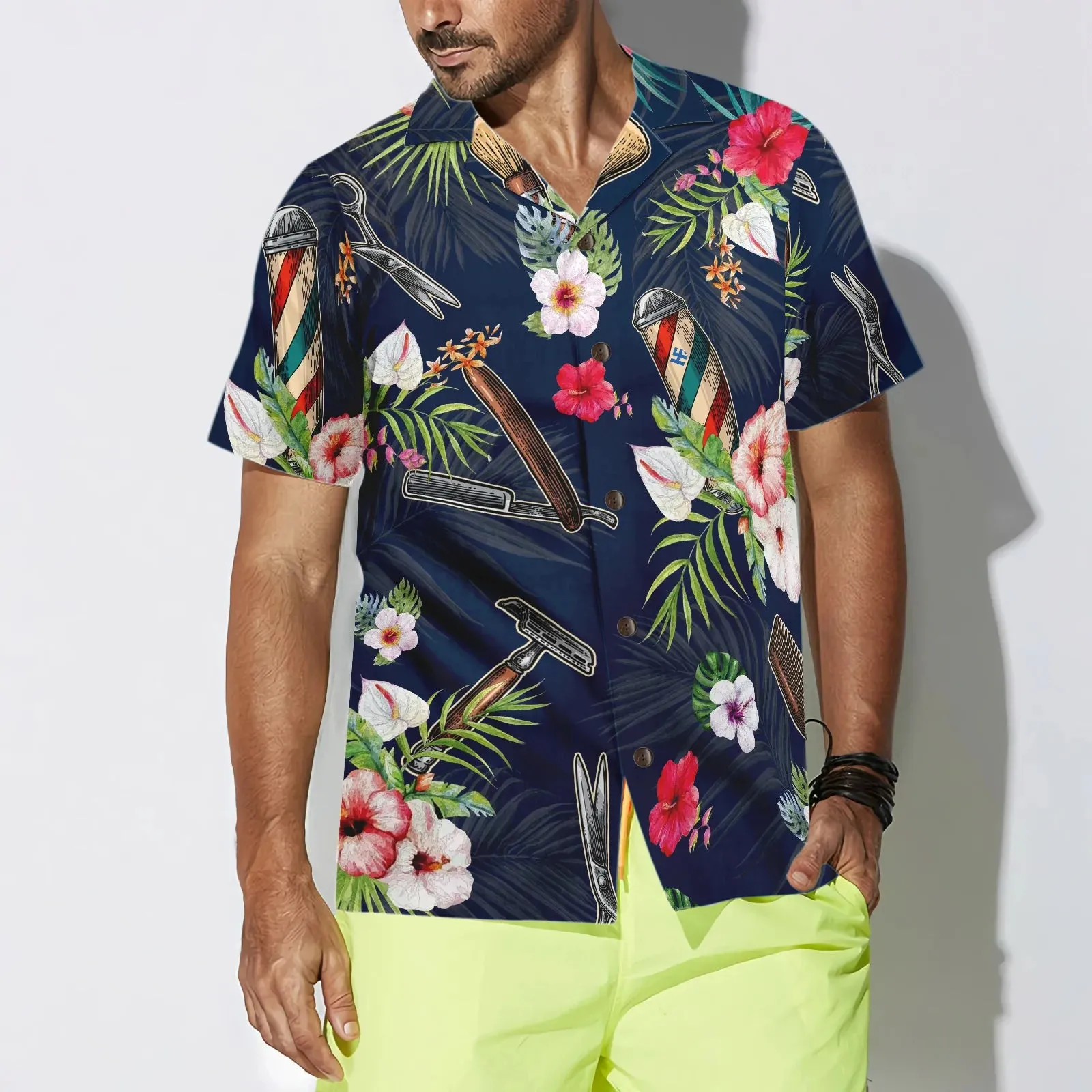 Barber Tools Tropical Pattern Hawaiian Shirt, Barber Symbol Aloha Shirt Summer For Men, Best Gift For Barber, Summer, Husband, Boyfriend