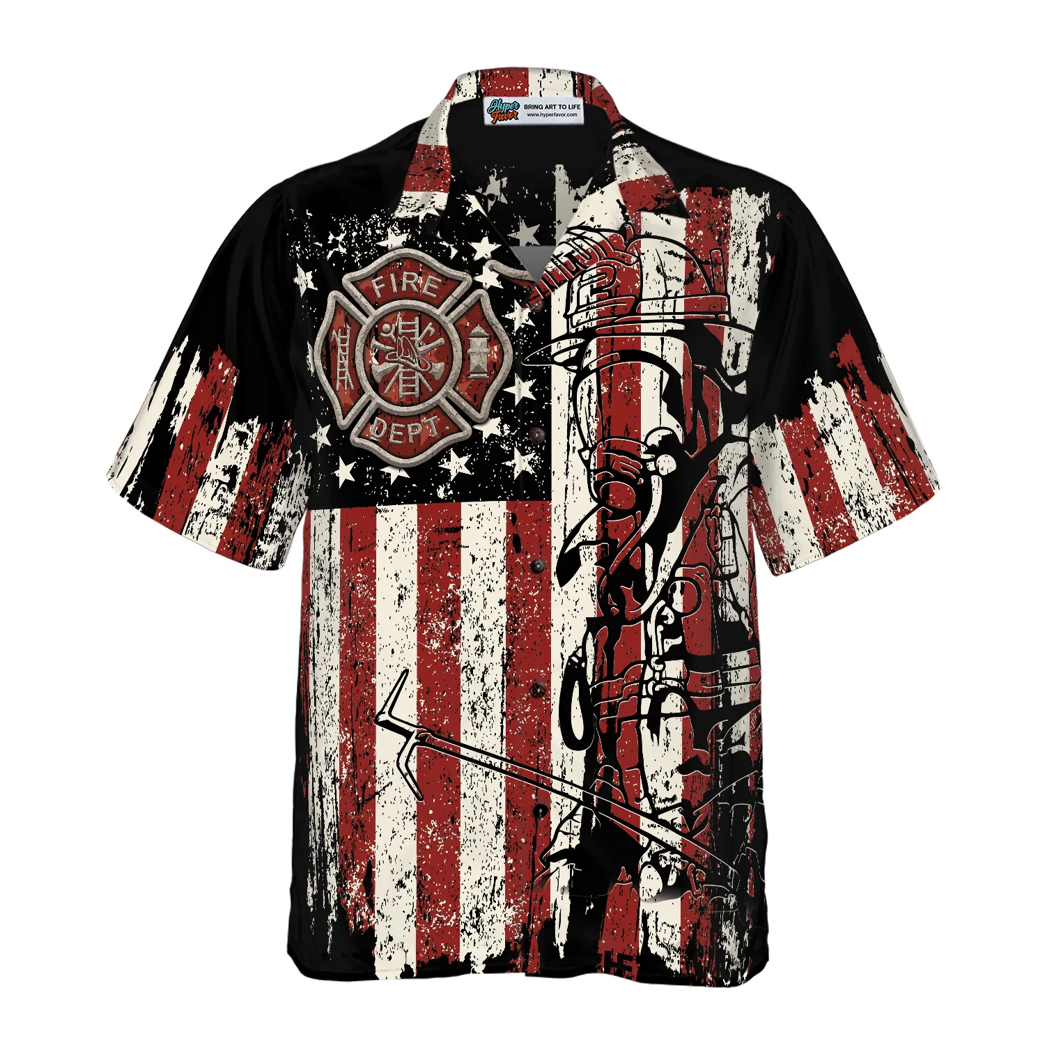 Black American Flag Fire Dept Firefighter Hawaiian Shirt, Fire Department Badge Firefighter Shirt For Men, Best Gift For Firefighter