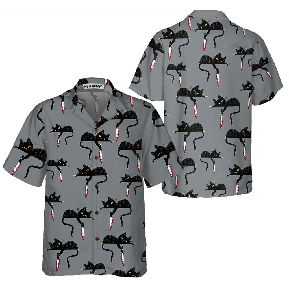Black Cat With Knife Hawaiian Shirt, Cat Themed Gift For Cat Lovers, Husband, Boyfriend, Friends, Family