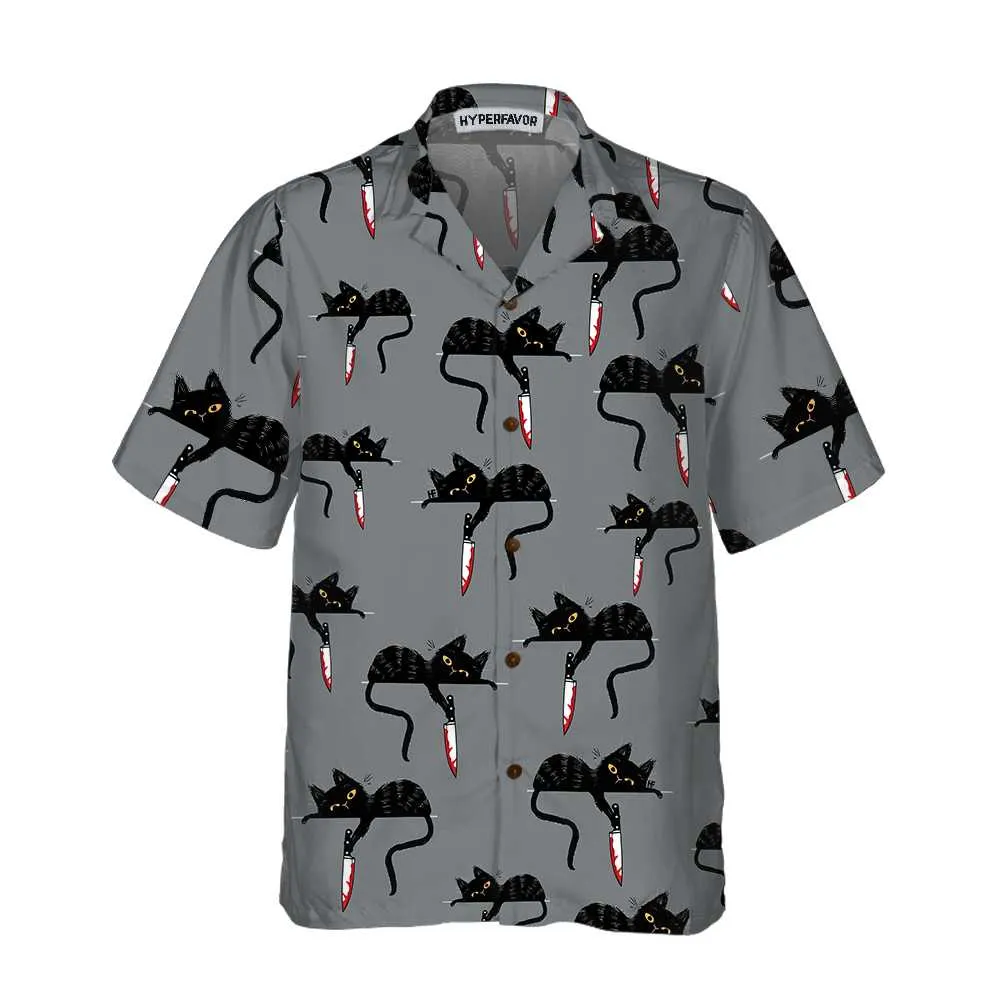 Black Cat With Knife Hawaiian Shirt, Cat Themed Gift For Cat Lovers, Husband, Boyfriend, Friends, Family