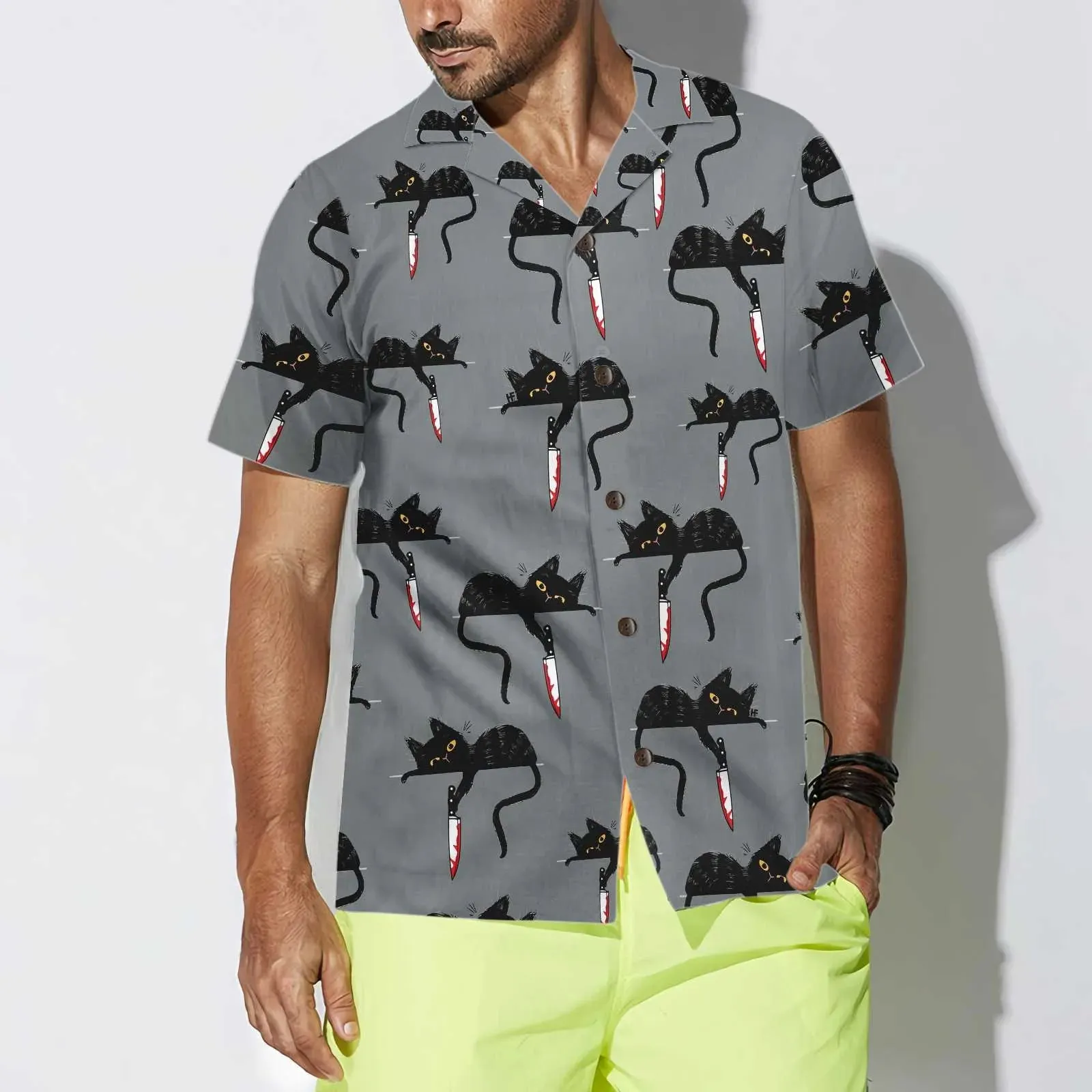 Black Cat With Knife Hawaiian Shirt, Cat Themed Gift For Cat Lovers, Husband, Boyfriend, Friends, Family