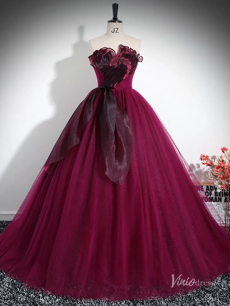 Burgundy Strapless Ruffled Prom Ball Gown Tulle Quinceanera Dresses BG033