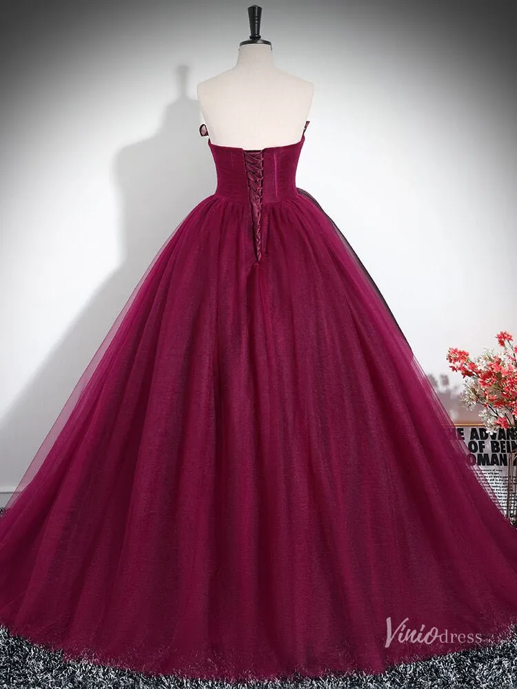 Burgundy Strapless Ruffled Prom Ball Gown Tulle Quinceanera Dresses BG033