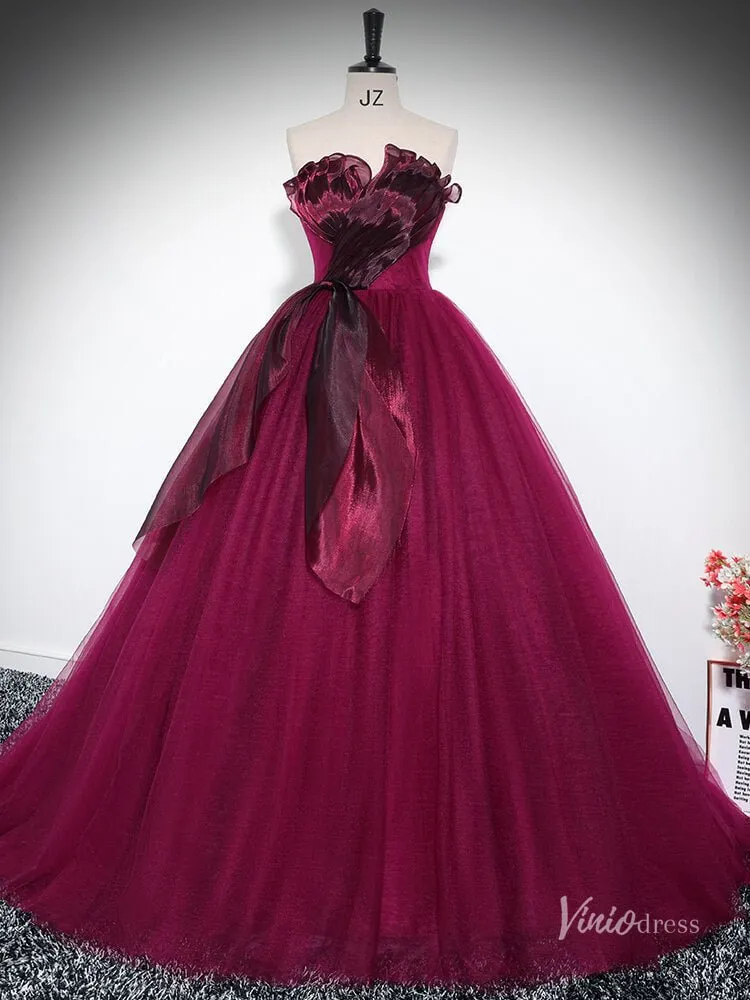 Burgundy Strapless Ruffled Prom Ball Gown Tulle Quinceanera Dresses BG033