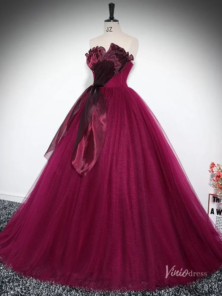 Burgundy Strapless Ruffled Prom Ball Gown Tulle Quinceanera Dresses BG033