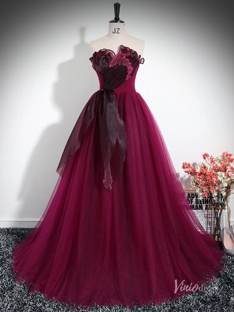 Burgundy Strapless Ruffled Prom Ball Gown Tulle Quinceanera Dresses BG033