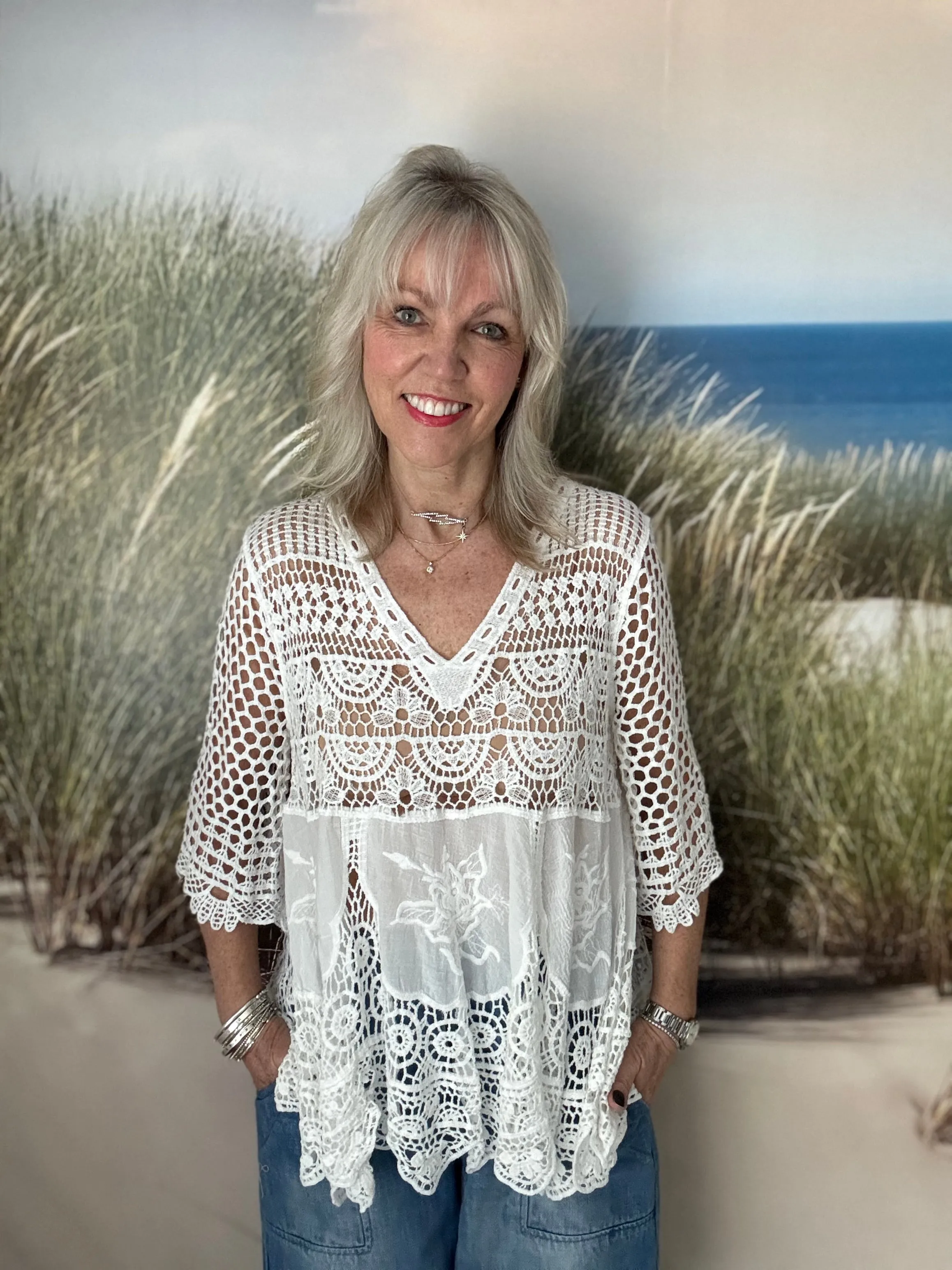 Crochet V Neck Top in White