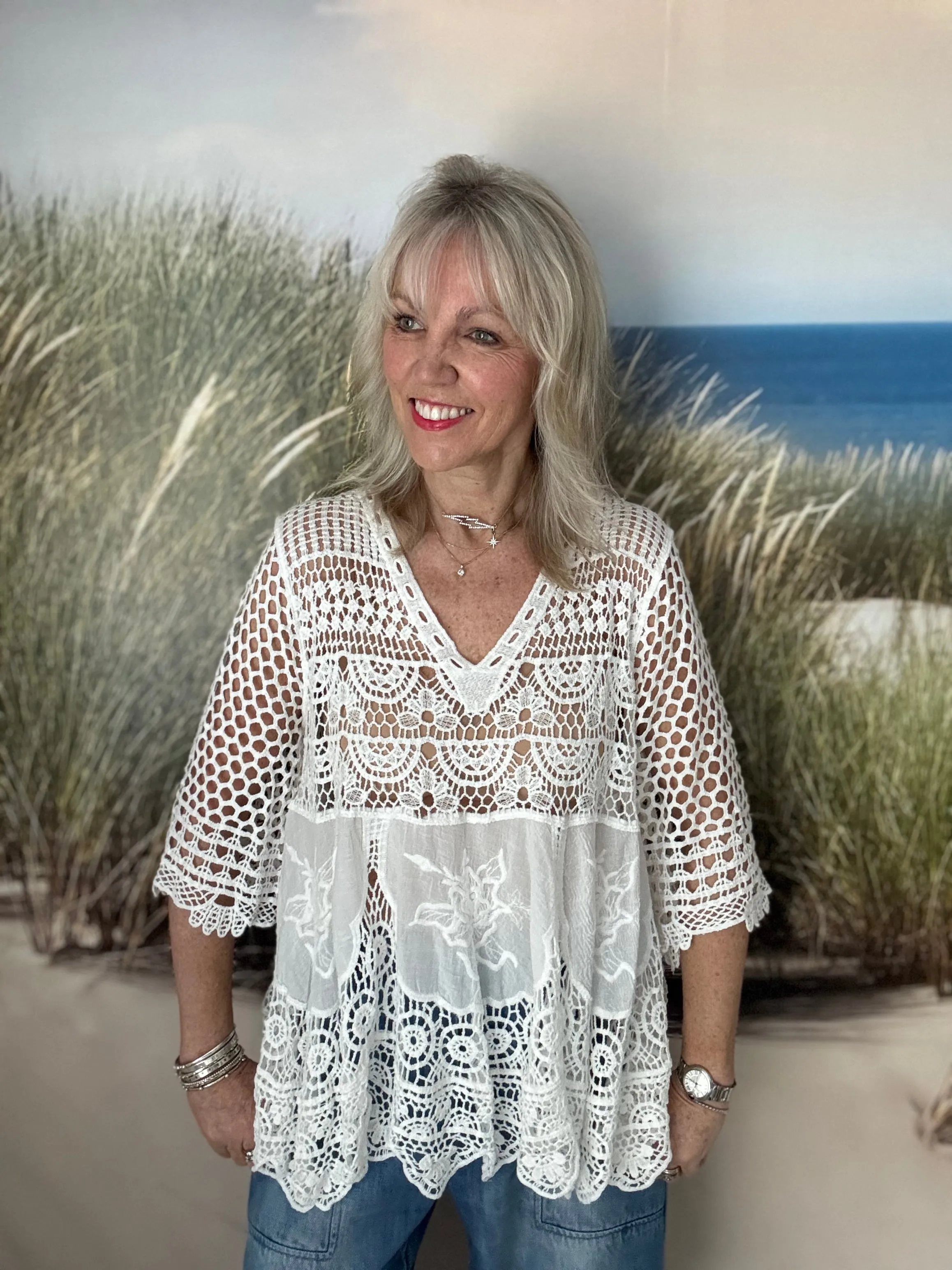 Crochet V Neck Top in White