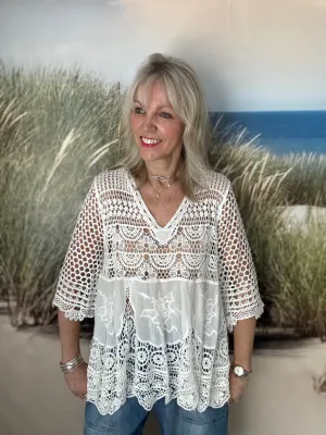 Crochet V Neck Top in White