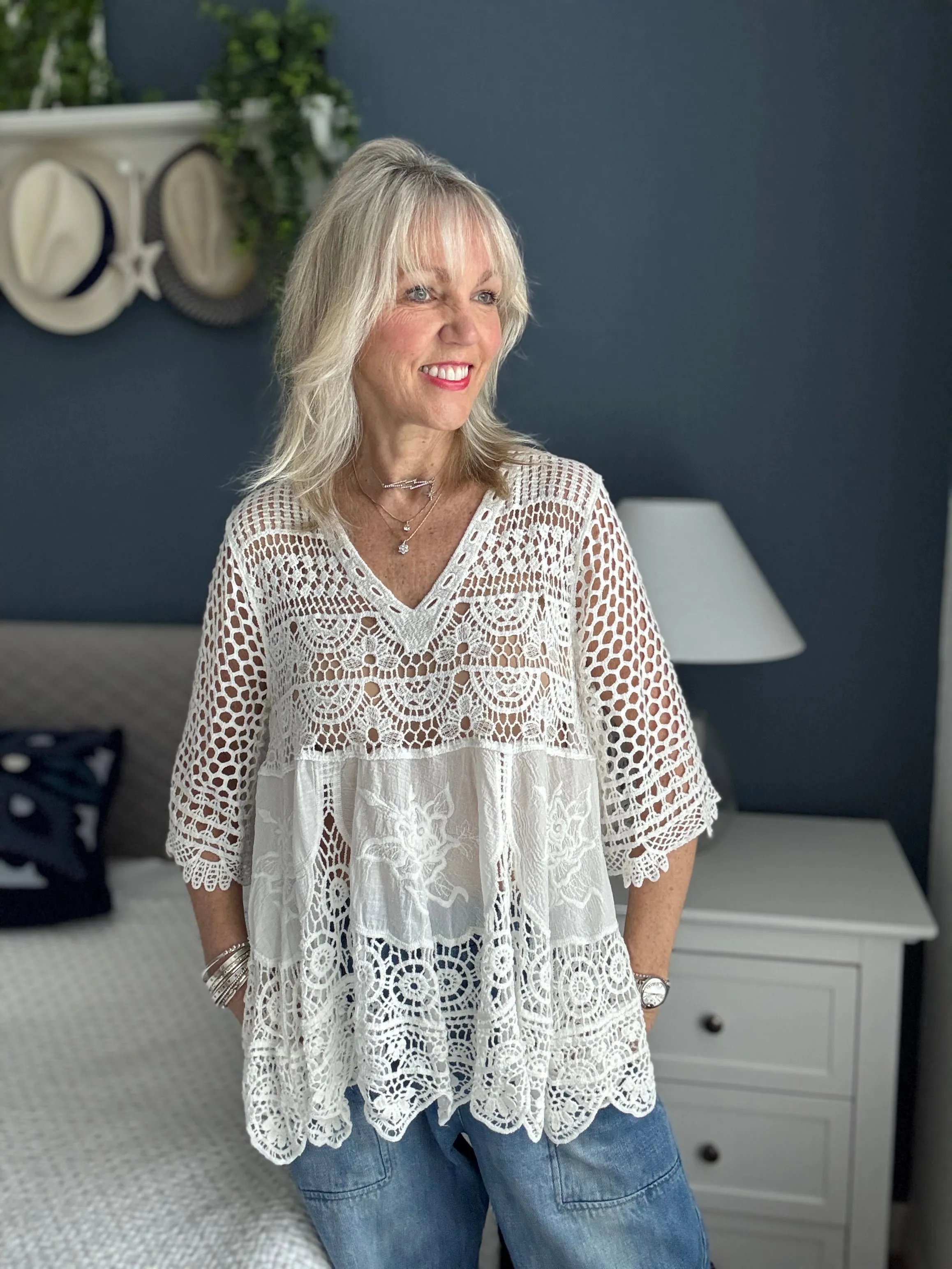 Crochet V Neck Top in White