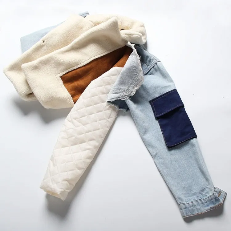 Fashion Denim Patchwork Lamb Fur Lining Jackets Women Coat Casual Long Sleeve Thick Warm