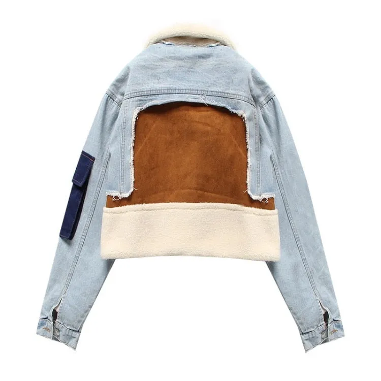 Fashion Denim Patchwork Lamb Fur Lining Jackets Women Coat Casual Long Sleeve Thick Warm