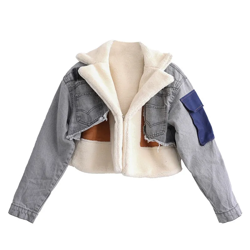 Fashion Denim Patchwork Lamb Fur Lining Jackets Women Coat Casual Long Sleeve Thick Warm