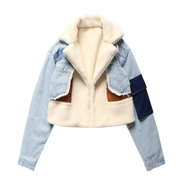Fashion Denim Patchwork Lamb Fur Lining Jackets Women Coat Casual Long Sleeve Thick Warm