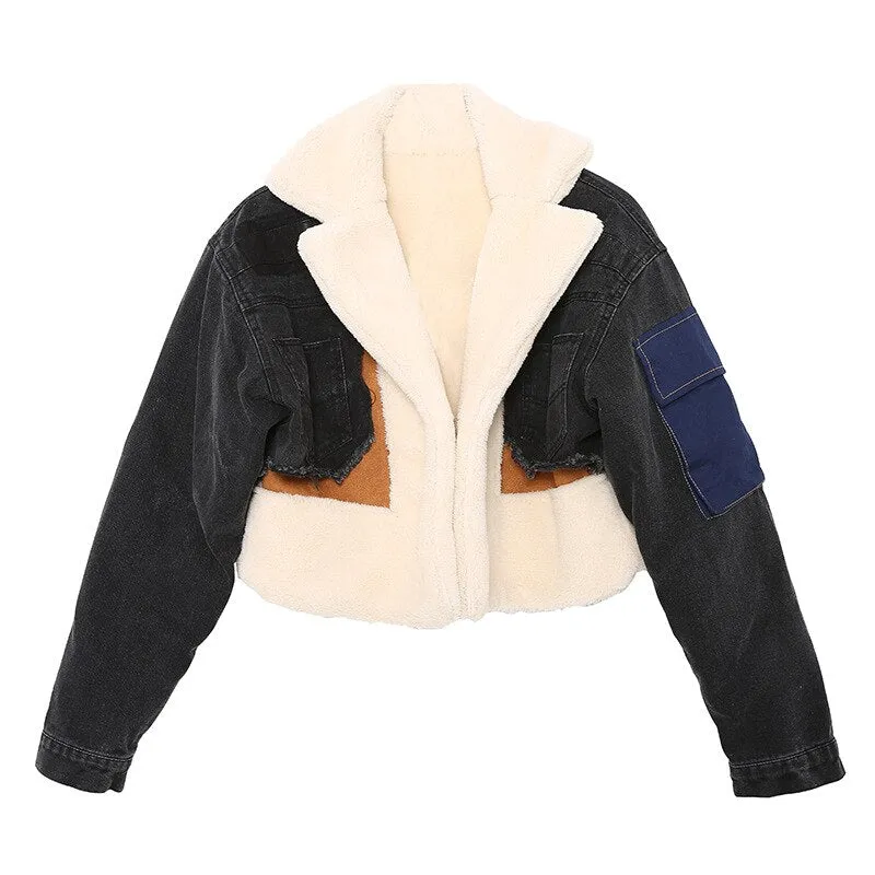 Fashion Denim Patchwork Lamb Fur Lining Jackets Women Coat Casual Long Sleeve Thick Warm