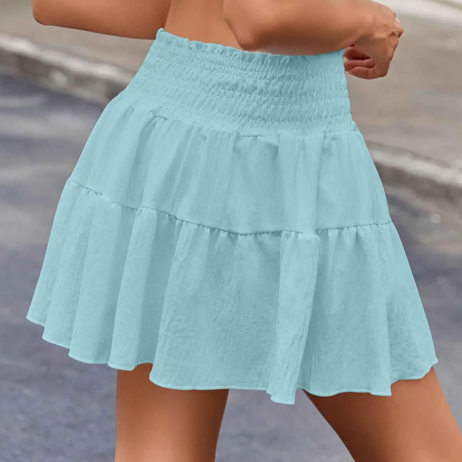 Flowy Mini Skirts for Women Summer Trendy Layered Elastic Low Waisted Tiered Pleated Swing Short A Line Skirt