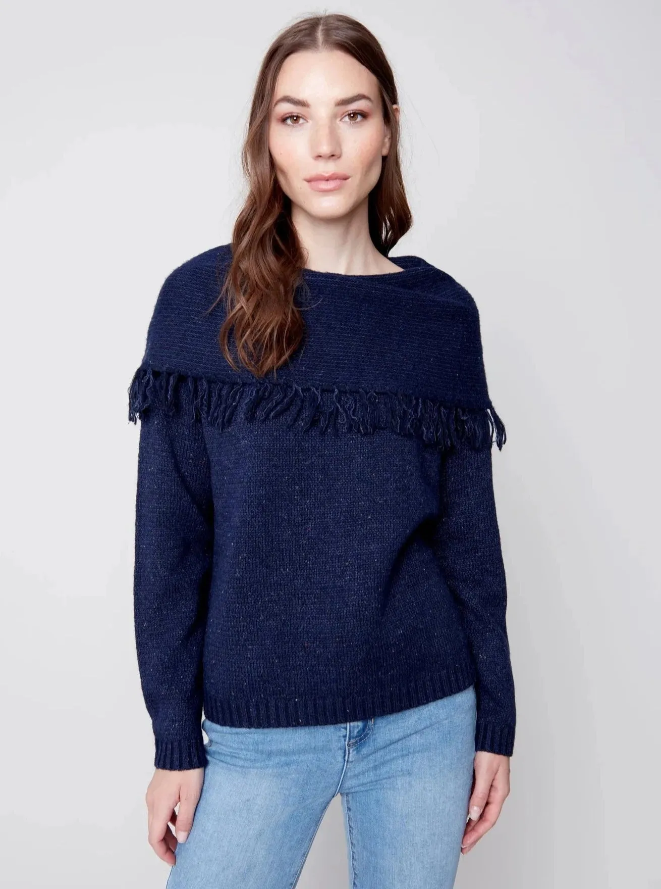 Fringe Cowl Neck Sweater [Denim-C2584]