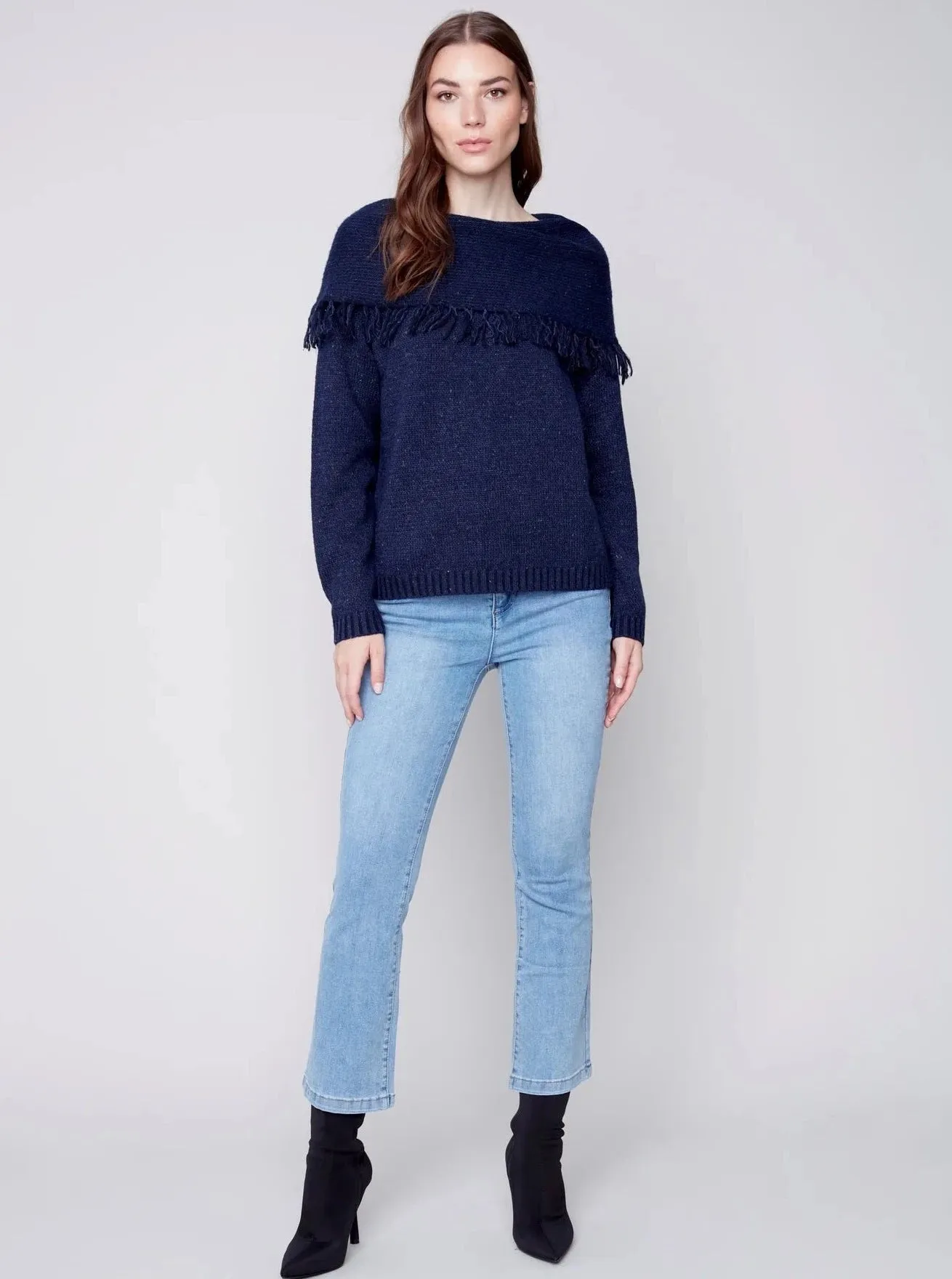 Fringe Cowl Neck Sweater [Denim-C2584]