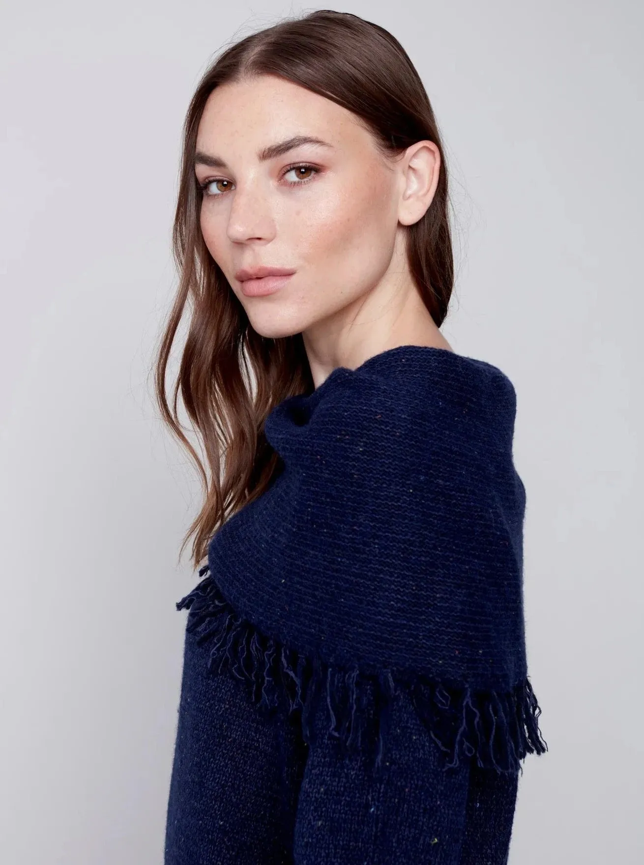Fringe Cowl Neck Sweater [Denim-C2584]