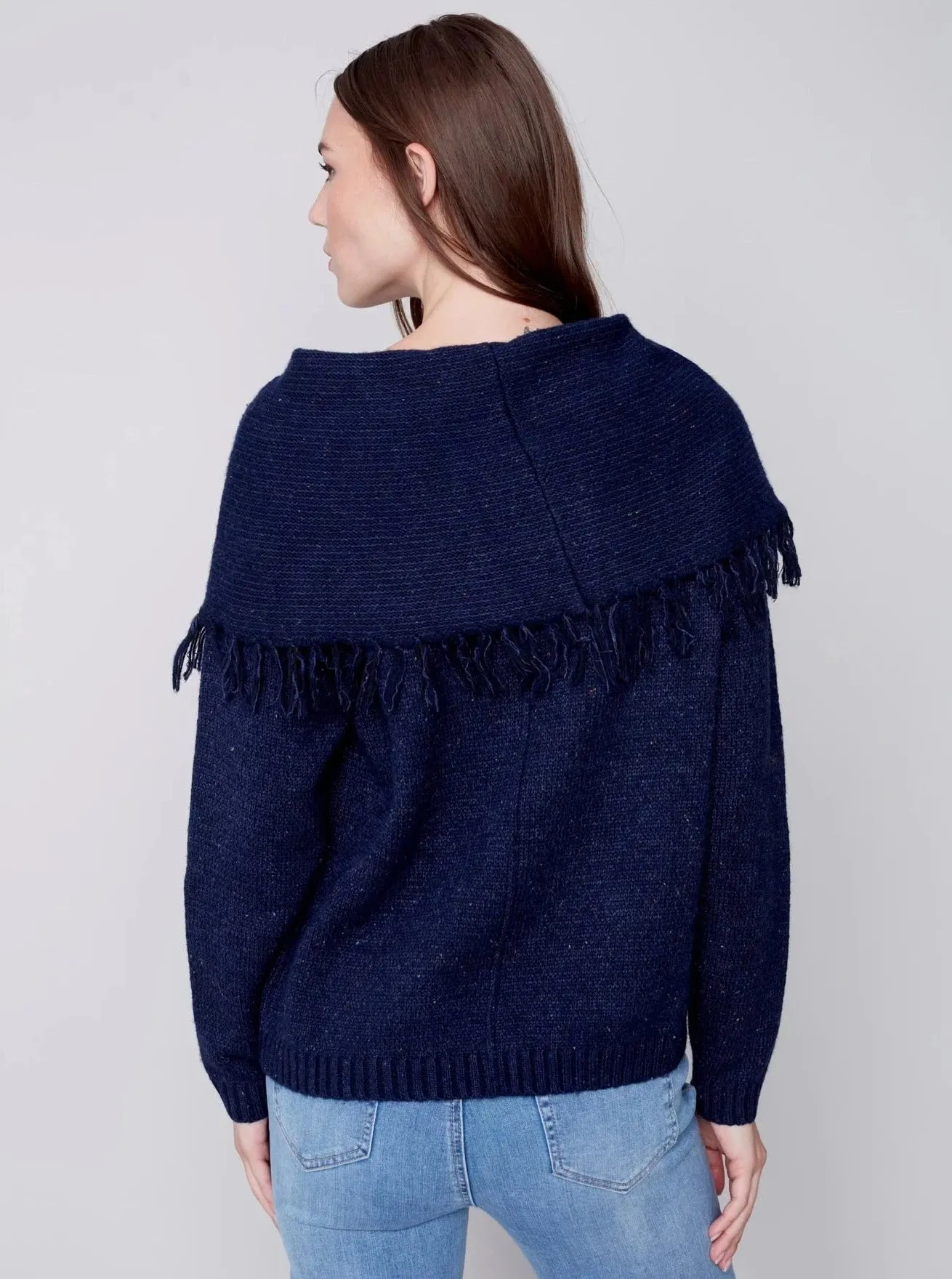 Fringe Cowl Neck Sweater [Denim-C2584]
