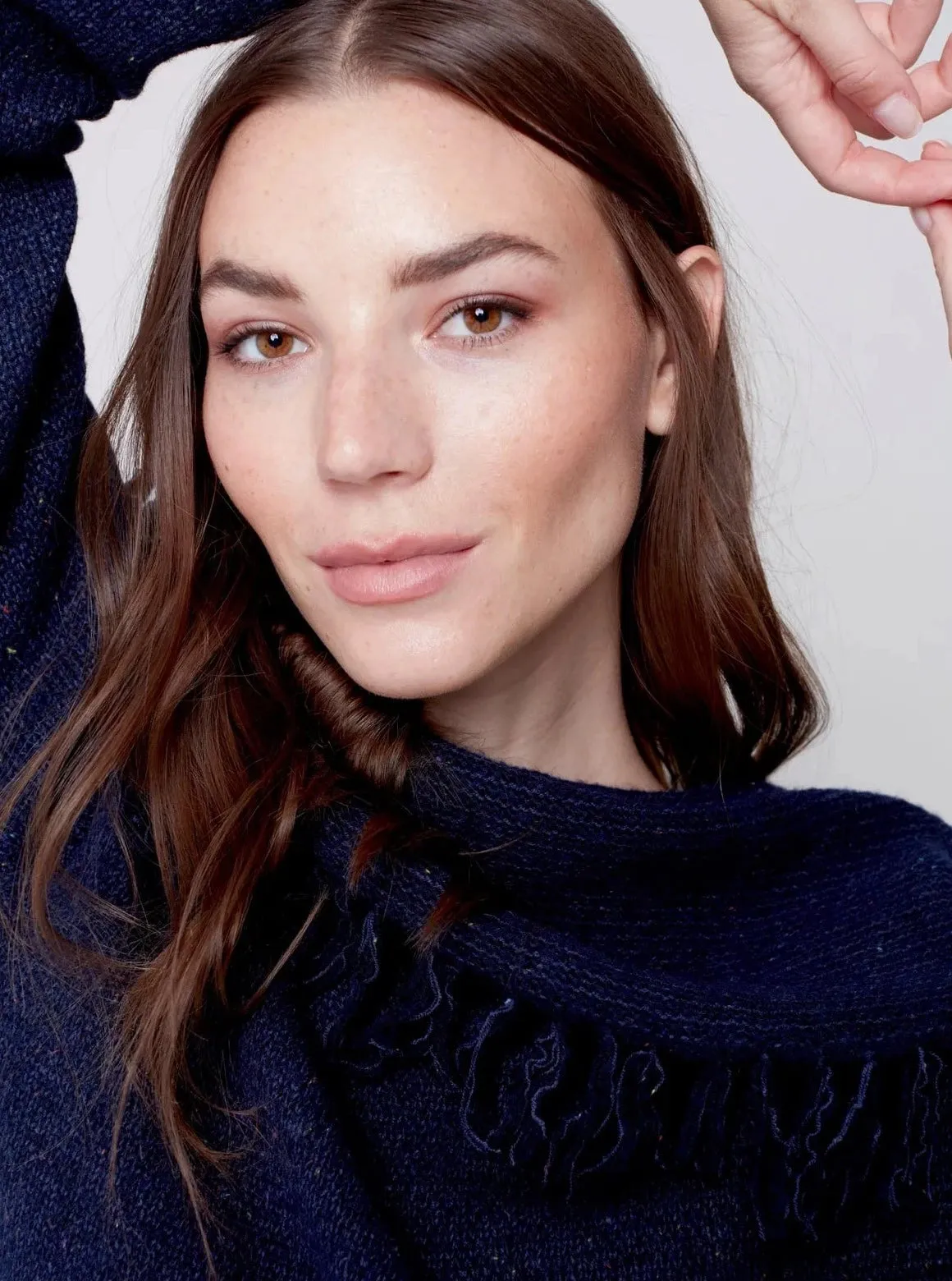 Fringe Cowl Neck Sweater [Denim-C2584]