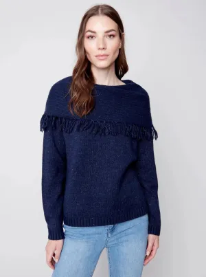 Fringe Cowl Neck Sweater [Denim-C2584]