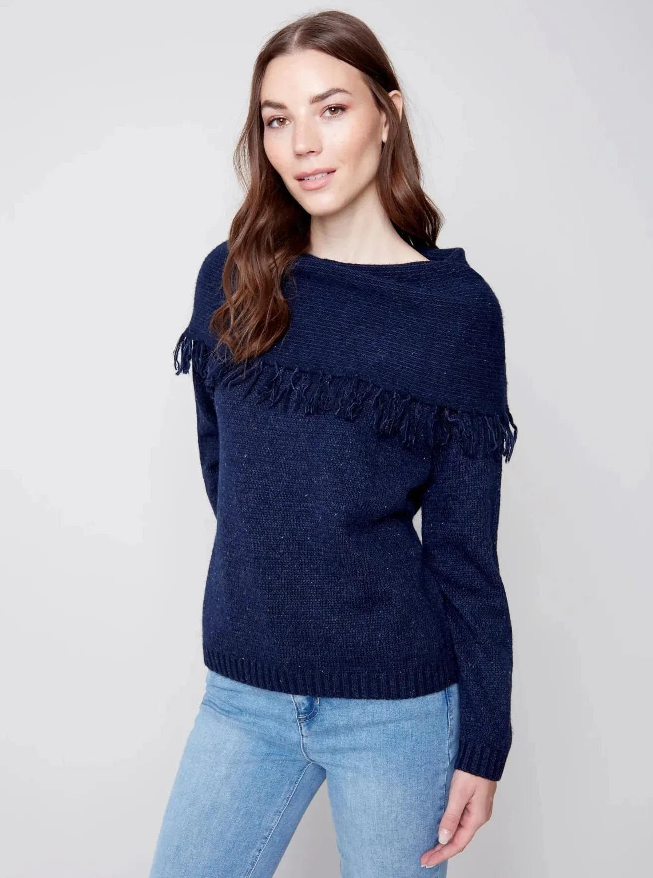 Fringe Cowl Neck Sweater [Denim-C2584]
