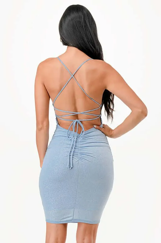 Glitter Short Dress with Waist Shirring