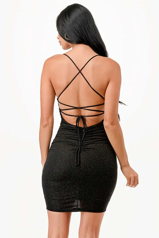 Glitter Short Dress with Waist Shirring