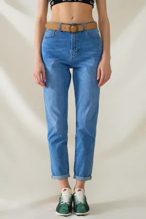 High Waist Mom Jeans In Mid Wash Stretch Denim