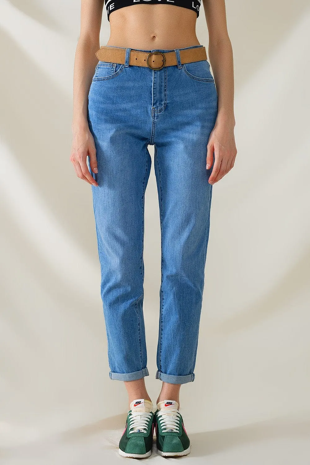 High Waist Mom Jeans In Mid Wash Stretch Denim
