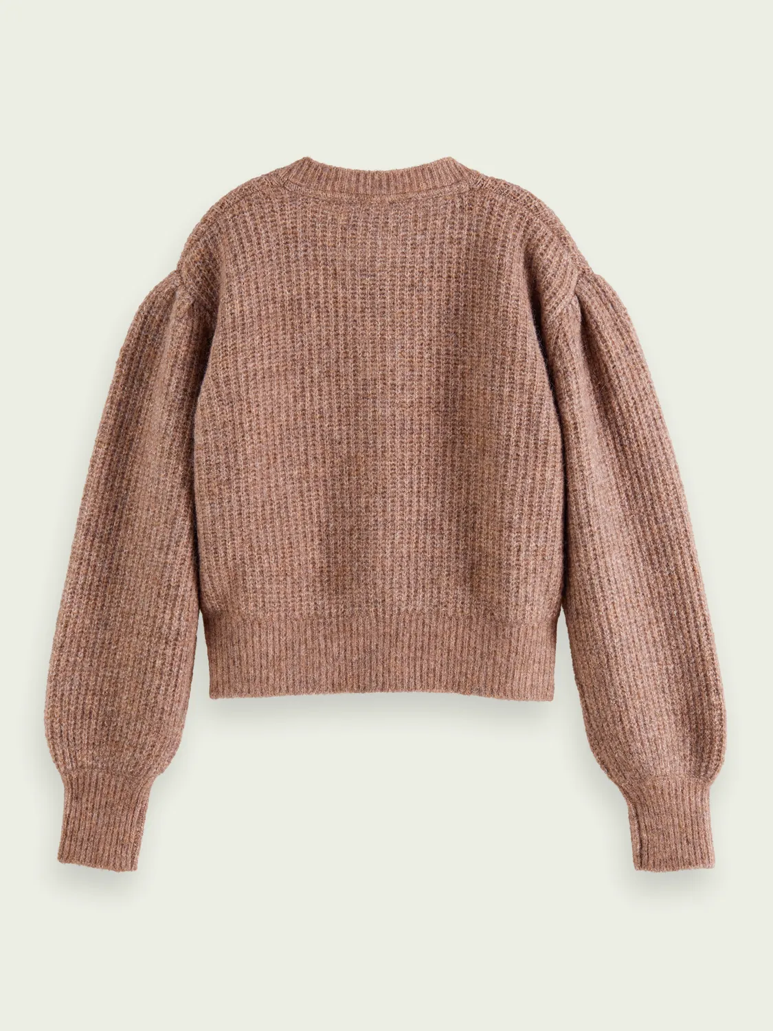 Knitted Crewneck Cardigan with Puffed Sleeves