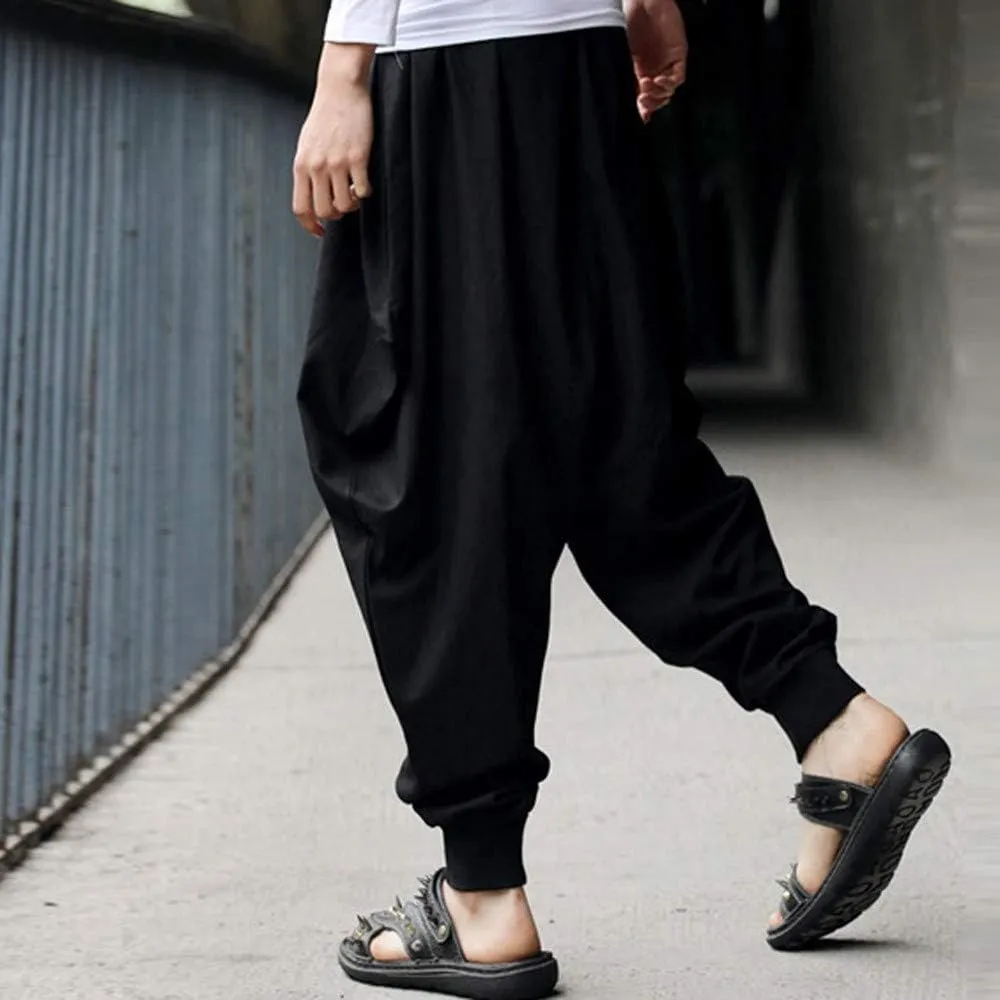 Linen Hippie Pants for Men Loose Elastic Waist Cinch Bottom Ankle Length Sweatpants Aladdin Drop Crotch Harem Pant