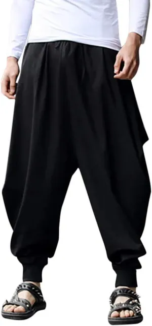 Linen Hippie Pants for Men Loose Elastic Waist Cinch Bottom Ankle Length Sweatpants Aladdin Drop Crotch Harem Pant