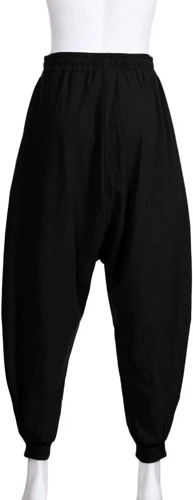 Linen Hippie Pants for Men Loose Elastic Waist Cinch Bottom Ankle Length Sweatpants Aladdin Drop Crotch Harem Pant