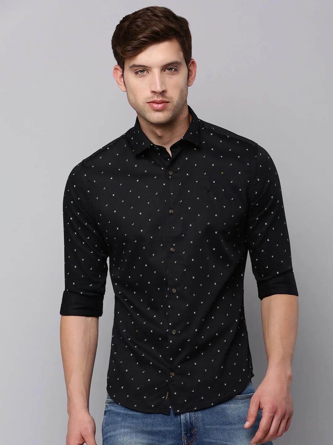 Men Black Solid Spread Collar Printed Casual Cotton Shirt