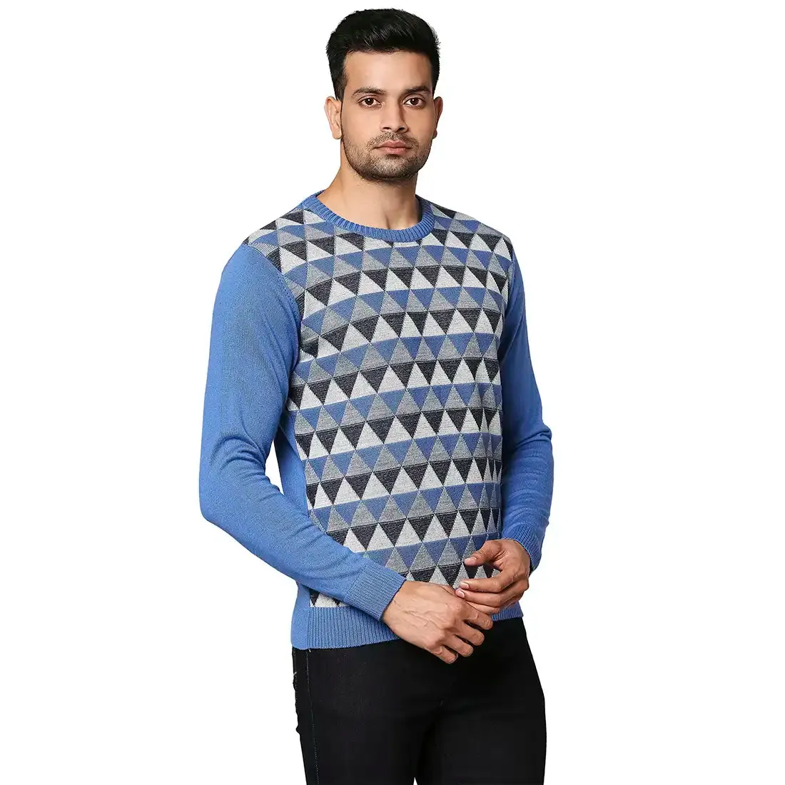 Men Blue Argyle Wool Blend Full Sleeve V Neck Collar Sweaters
