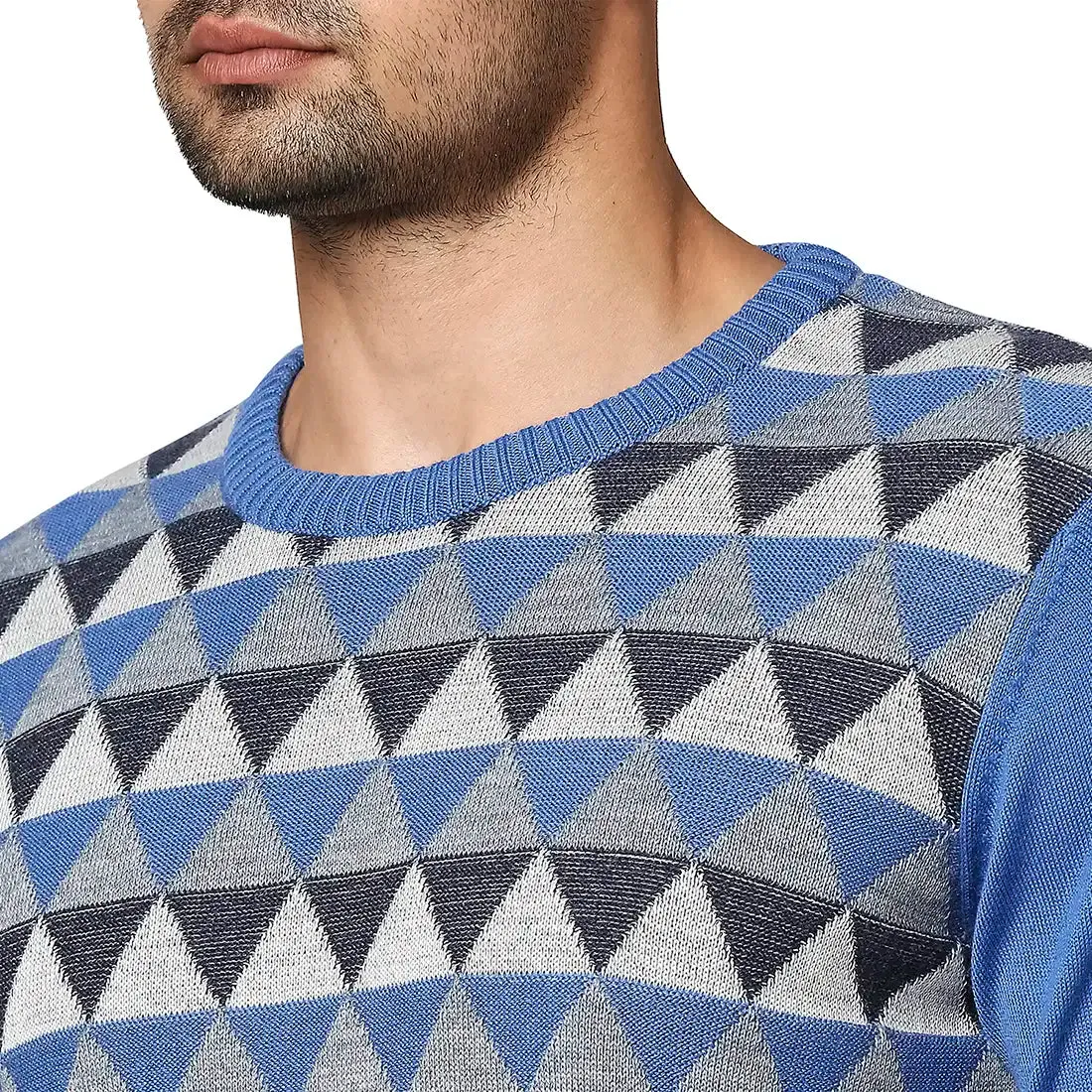 Men Blue Argyle Wool Blend Full Sleeve V Neck Collar Sweaters