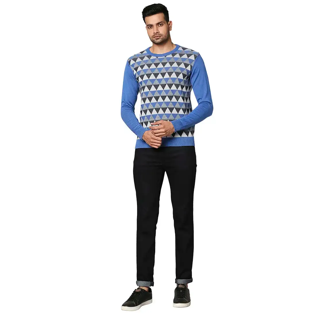 Men Blue Argyle Wool Blend Full Sleeve V Neck Collar Sweaters