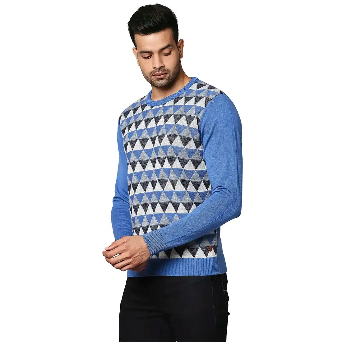 Men Blue Argyle Wool Blend Full Sleeve V Neck Collar Sweaters
